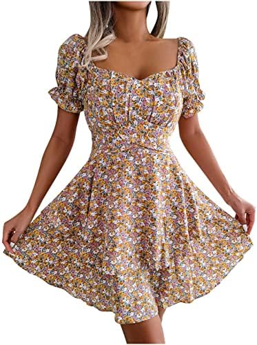 HCJKDU мини фустани за жени квадратни врат Краток ракав цветен принт лето кратко фустанче проточен замав лабав обичен фустан на плажа