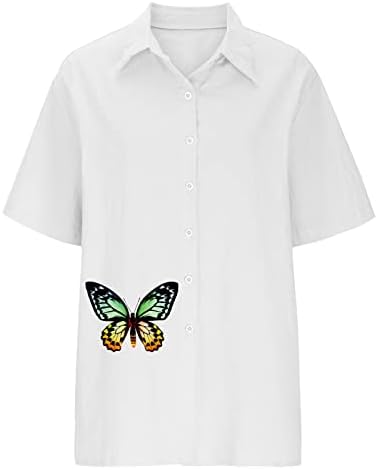 Кошули За Жени Летни Памучни Ленени Врвови Слатки Пеперутки Графички Маици Со Туника Со Кратки Ракави Модни Блузи Со Ревер