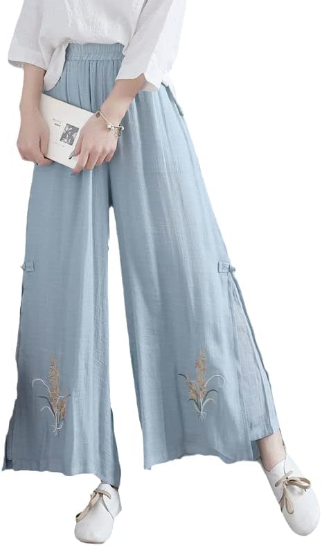 Кинески национален стил ретро елегантни пакувања широки нозе извезени цветни еластични панталони за половината за жени Color1 xs