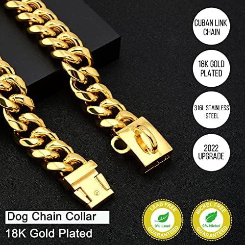 Nikpet златен ланец кучиња јака од 14мм ланец со безбедна тока 18K злато кубанска врска јаки од кучиња тешки метални јака од не'рѓосувачки