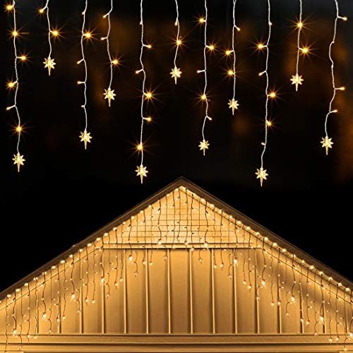 Twill Star Iciclelights со Starвезда, отворено капе Божиќно светло со Витлеем Стар, 150 лежеа 8 режими Бела жица завеси светла