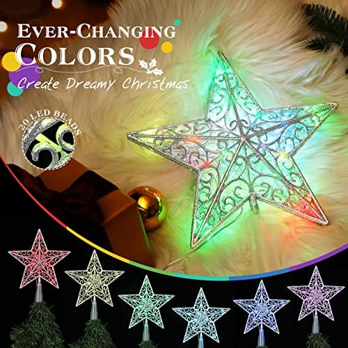 Ројлван Елка Топер Ѕвезда Светлина, 20 LED Осветлени 5-Точка Издлабени Ѕвезда Промена НА Бојата RGB Ноќно Светло Дрво Врвот Елка