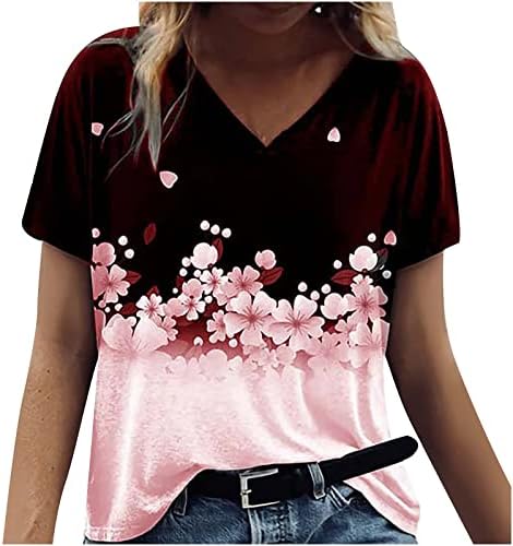 Womenените летни врвови цветни маици за печатење со краток ракав Блок во боја V вратот Туника обична лабава блуза маички 2023 мода