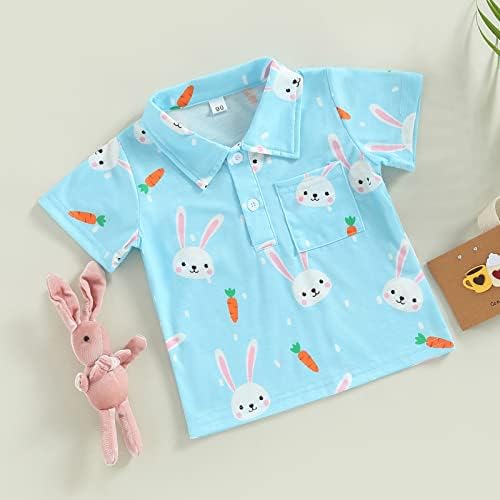 Детето бебе момче Велигденска кошула кратка ракав лапел вратот за зајак печати маица врвна летна модна облека облека облека
