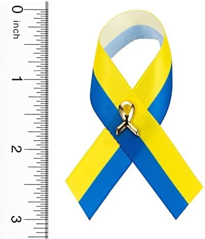 Сатен Даунов синдром лента со ленти - иглички за подигнување на свеста за сина и жолта лента за свесност за Даунов синдром - Совршен за прибирање