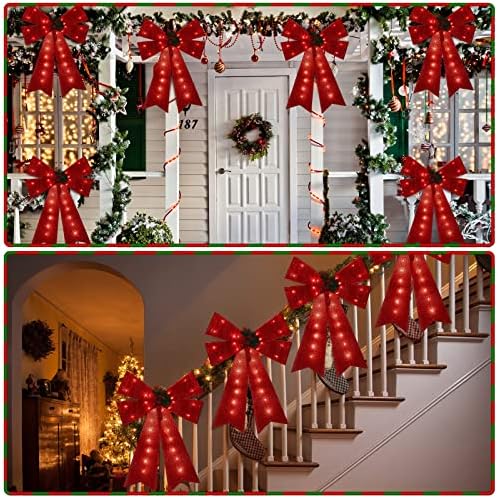 6 парчиња 22 инчи LED црвени божиќни лакови на венецот сјајни украси за новогодишна елка лакови со бор конуси, ПВЦ Божиќни лакови со топли LED