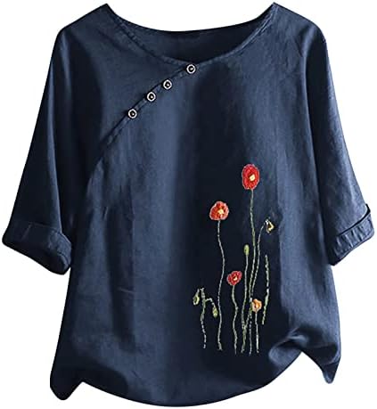 Chotteенски копче со кратки ракави екипаж со екипаж од цветна шема за печатење блузи маици лабава проточна блуза врвови лето лето