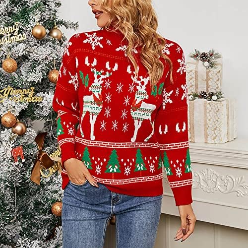 Женски преголеми џемпери, обичен тркалезен врат долг ракав Божиќ, печатен џемпер, врвна зима