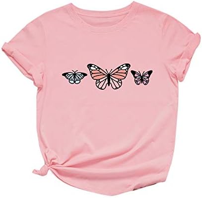 Женски в Valentубени кошули со преголеми кратки ракави врвови од пеперутка печатење o врат лабава маичка летни блузи за девојчиња