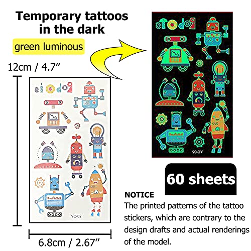 490 парчиња светлечки привремени тетоважи за деца, веинардил 60 листови водоотпорни цртани тетоважи со тетоважи на телото на налепници за