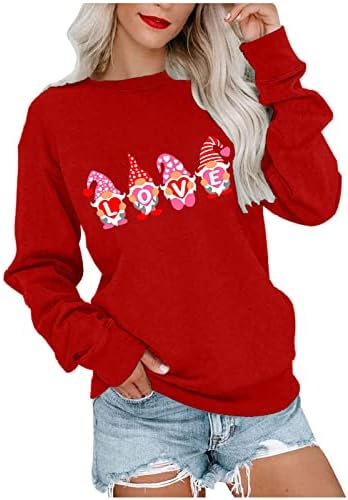 Денот на вineубените, руно џемпер за жени, симпатична пулверска врвови, Gnomes Love Heart Print Mirts, долги ракави лабава блуза