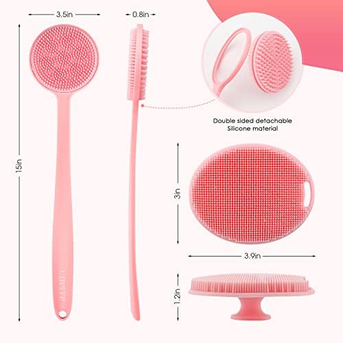 Libstp розово долги ракувани силиконски тела на тело за жени - двострана четка за чистење за грб и туширање со кука - идеално за капење