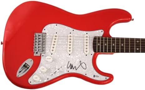 Крис Мартин потпиша автограм со целосна големина тркачки автомобил Црвен Fender Stratocaster Електрична гитара со автентикација на Бекет Бас