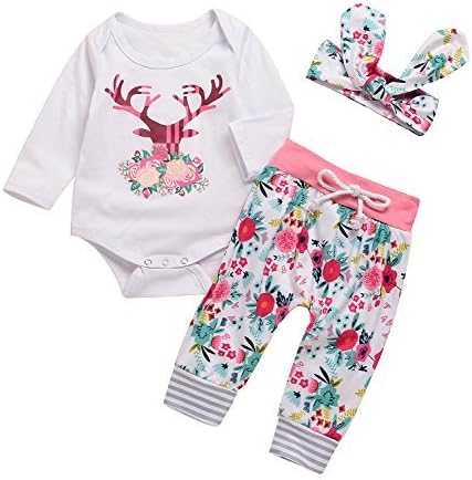 3 парчиња бебешки розови ирваси печати долги ракави ромпер -лента за панталони за панталони