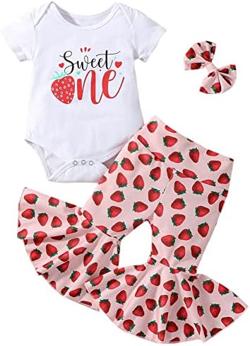 Бебе девојче Прв роденден облека слатка една овошје кратка ракав ромпер -панталони панталони за глава од 3 парчиња торта пресече