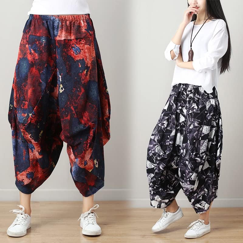 Uktzfbctw јапонски панталони во стил харем улична облека, етнички етнички еластични половини лабави долги панталони широки нозе боја12 м