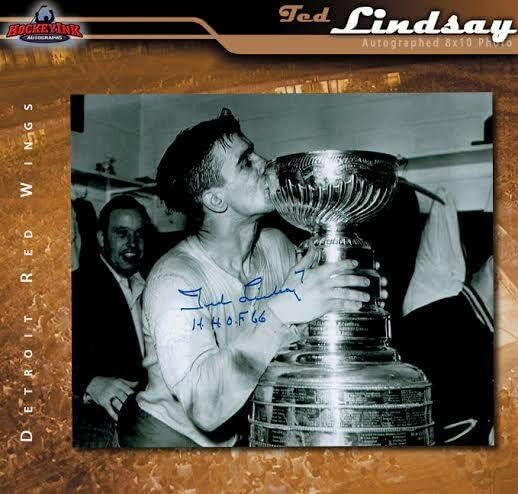 Тед Линдзи потпиша Детроит Црвени крилја 8 x 10 Фото w/HOF натпис - 70483 - Автограмирани фотографии од NHL