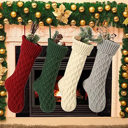 Шеридц кабел плетени Божиќни чорапи, 4 пакувања 18 инчи големи персонализирани камин виси чорапи за Божиќни украси