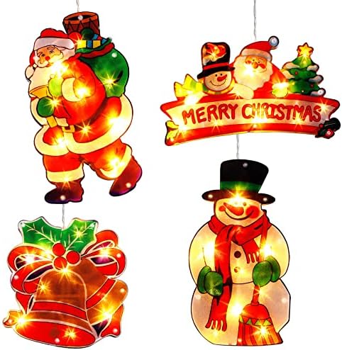 4 парчиња Декорации за Божиќни прозорци, светлина, Божиќни прозорец виси светла Дедо Мраз оперирани светло Божиќни украси со вшмукување чаша