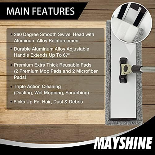 Mayshine 18 360 Spin Microfiber Mop System W/ 2 Premium и 2 стандардни влошки за микрофибер | Користете на тврдо дрво, плочка, ламинат,