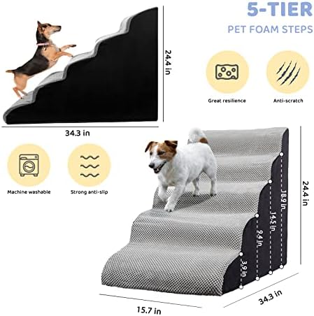 Пена 5 нивоа сиви кучиња скали и чекори за високи кревети мали кучиња, лигал 25 инчи високи скали/чекори за миленичиња за високи кревети, рампи