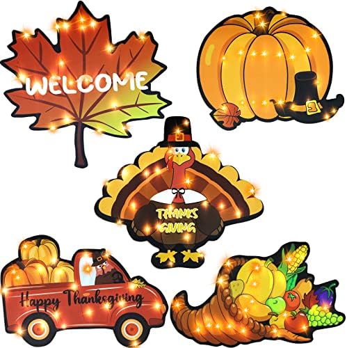 5 парчиња осветлуваат украси за есенски прозорец Денот на благодарноста силуета светла јавор лист мисирка камион корнукопија