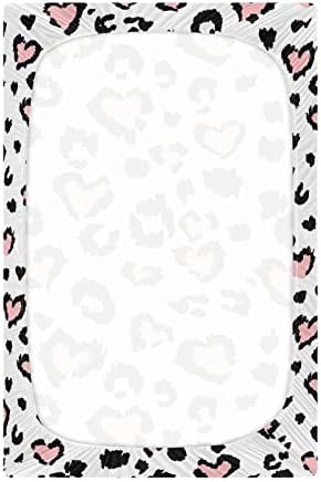 Алаза леопард печати гепард Јагуар розов срцев креветчиња за креветчиња опремени листови за басинет за момчиња бебе девојчиња дете, мини големина