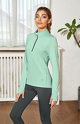 Ицзонски тренингот кошули со долги ракави за жени - јога што работи на врвови четвртина палтовер за вежбање маици со дупки со палецот