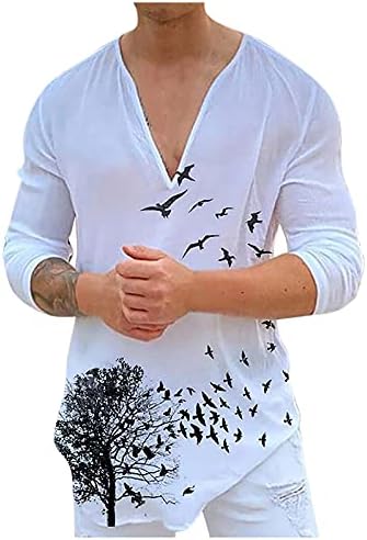 УБСТ против вратот кошули за мажи, есен со долг ракав пеперутка птици графички печати случајна хенли кошула лабава плажа на врвови