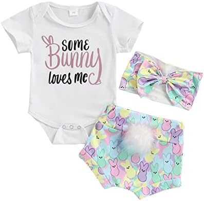 Мејјазм новороденче бебе девојче Велигденски облеки Писмо ромпер каросерија+меки зајаче -опашки шорцеви+лента за глава 3 парчиња облека