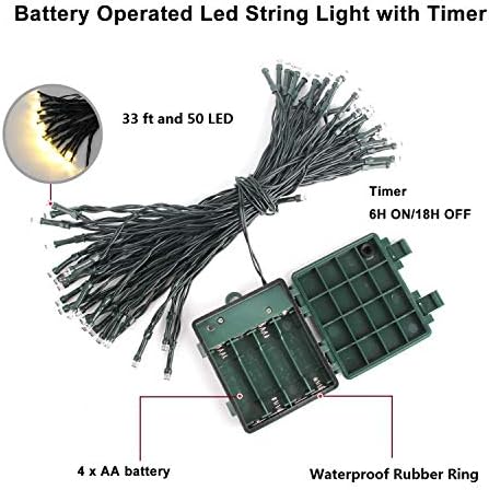 Стринг светла со батерија со тајмер - Божиќни светла на отворено - 50 LED водоотпорна светлина за жица за венчаница од дрво од