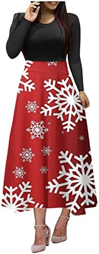 Обичен гроздобер гроздобер Божиќен печатен фустан со долг ракав со долг врат