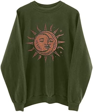 Гроздобер џемпери на екипаж за жени Преголема маичка Графичка месечина Сонце печати долг ракав пуловер