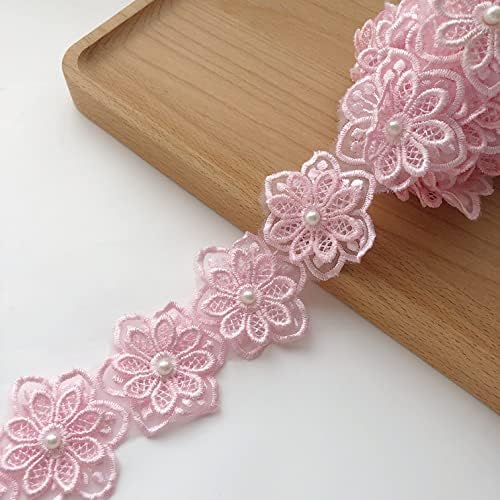 Розова цветна чипка исечена лента, извезена чипка за шиење за свадбени апликации, занаети за шиење на DIY -3Yards