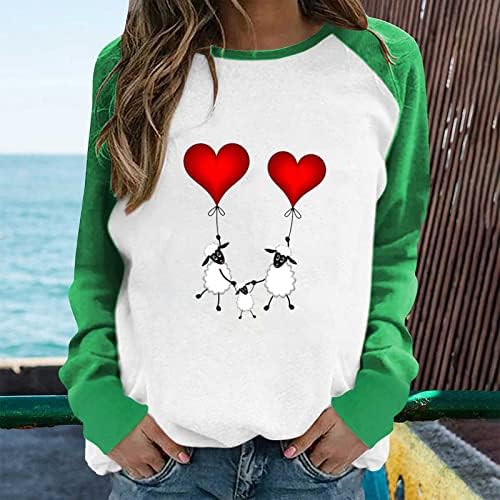 Денот на в Valentубените Раглан кошула врвови жени слатки овци срцеви печати со долги ракави кошули со екипаж на екипажот пулвер туника