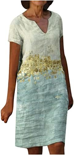 Летни фустани на wpoumv за жени цветни печати плажа облечен случај v вратот со краток ракав фустан со лесен лабав миди фустани