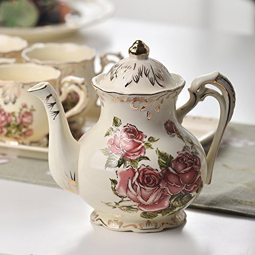 Сет на керамички чај од Јолифе од слонова коска, гроздобер чај сет со чајник, послужавник за сервирање, чаши, лажички - услуга за 4