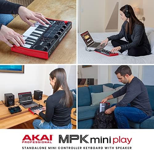 Akai Professional MPK Mini Play Mk3 - Контролер на тастатура MIDI со вграден звучник и звуци плус динамичен клуч, MPC влошки