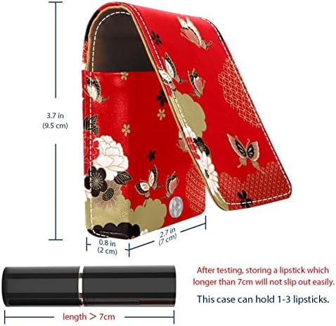 Мини Кармин Случај Со Огледало За Чанта, Црвена Јапонски Цветни Преносни Случај Носителот Организација