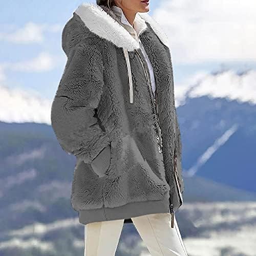 Зимски палта на врвови за жени со долги ракави со качулка, обичен моден руно, патент на отворено Шерпа палто облека со џеб