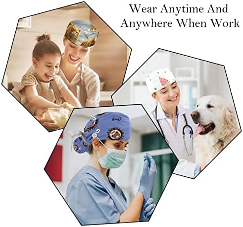 Медицински капачиња Ratgdn за жени со копчиња долга коса, 6 парчиња прилагодливо работно капаче, црно бело куче коска шема