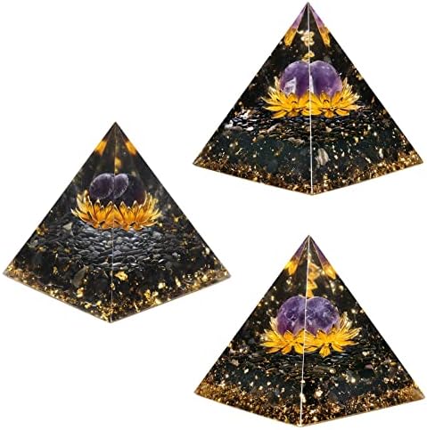 Samtree Amethyst Crystal Sphere Orgone Pyramid Stone With Lotus и Obsidian Tumbled Stones Base, Chakra Pyramids Energy Generator