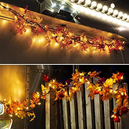 Денот на благодарноста Декорации паѓаат јавори од лисја на лисја приклучок во 120V, есенски лисја венец со светла, 35 светилки осветлени