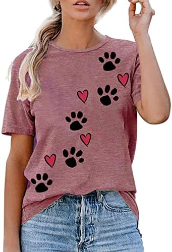 Куче шепа маица за печатење срце за жени за жени кратки ракави куче мама графички маички врвови на екипаж кошули