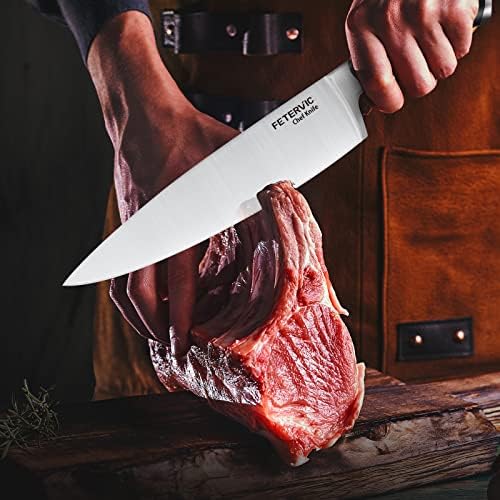 Нож со готвач на Фертервиќ, 8 -инчен супер остра професионална кујна нож со острилка за ножеви, нож на готвач со високи јаглерод не'рѓосувачки