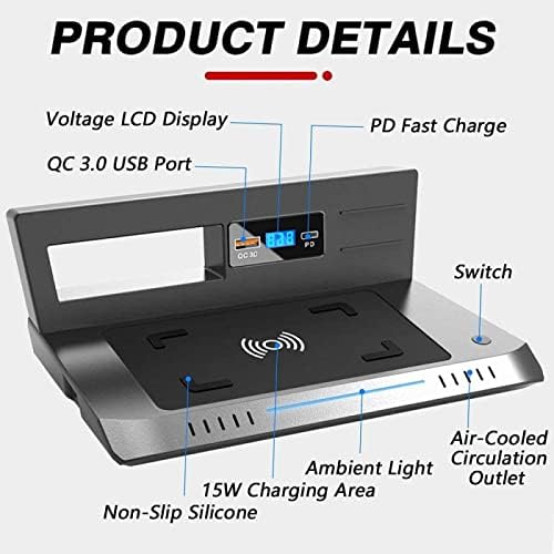 Безжичен полнач за автомобили за V-W Tiguan 2018-2021 Панел за додатоци за конзола со QC3.0 USB и 18W PD порта 15W Брза безжична индукција Подлога