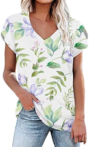 Здфер симпатични летни врвови за жени, женски кратки ракави обични маички со врвни маички со ракав за ракави V-вратот за лабава вклопена