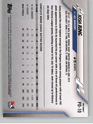 2020 година Топс Про деби PD-10 JOOSH JUNG RC RC DOBICIE AZL Rangers Baseball Trading Card