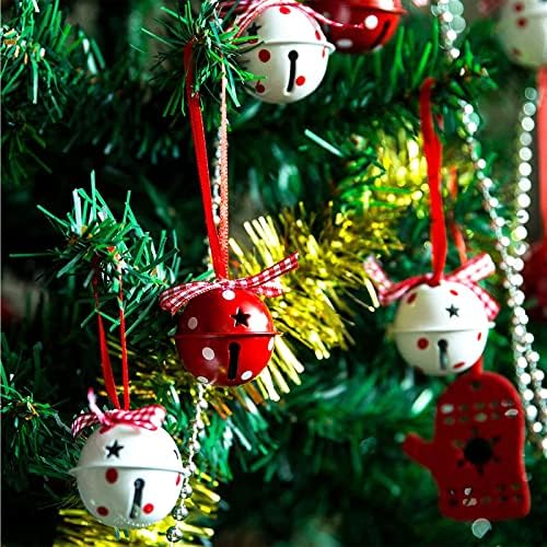 Божиќни украси со црвена лента за виси, црвено -бело џингл sвона со црвен кариран лак за зимски партии за украсување на новогодишни