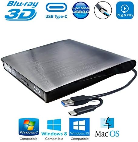 2-ВО-1 USB 3.0 Тип - Ц Надворешен Blu-ray Режач Плеер Диск, За Windows 10 7 8 Vista Pro Home Mac OS лаптоп &засилувач; Десктоп Компјутери, Пренослив